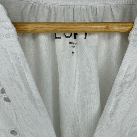 Loft White Eyelet Lace Short Sleeve Cotton Split Neck Flowy Knit Loose Fit Top - Picture 4 of 6